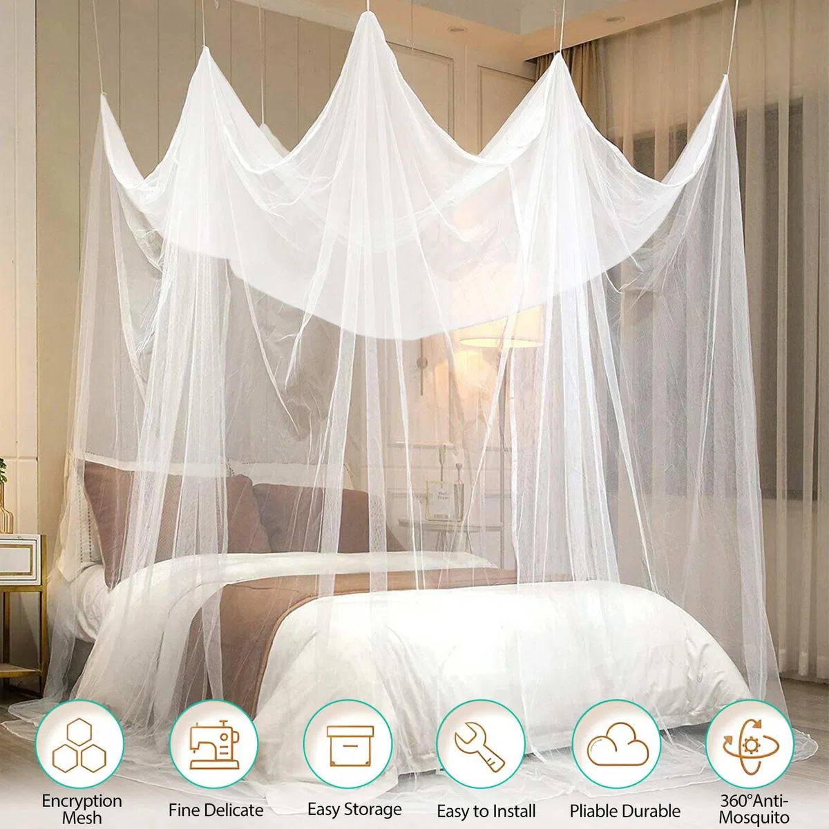 Mosquitera Cama Matrimonio Individual,Grande Dosel Cama Mosquitero,Mosquito Net for Bed Dosel con Kit de Montaje,Blanco Portátil Poliéster Malla Fina Mosquitera Viajes para y Hogar 200x180 x165cm