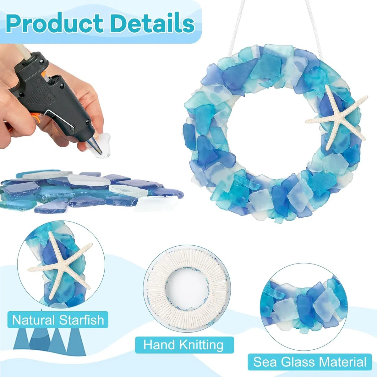 Corona de cristal de mar – Corona de playa hecha a mano de 21,5 cm, estilo costero, coronas de decoración navideña para decoración del hogar, puerta, ventana, armario de cocina, silla y pared