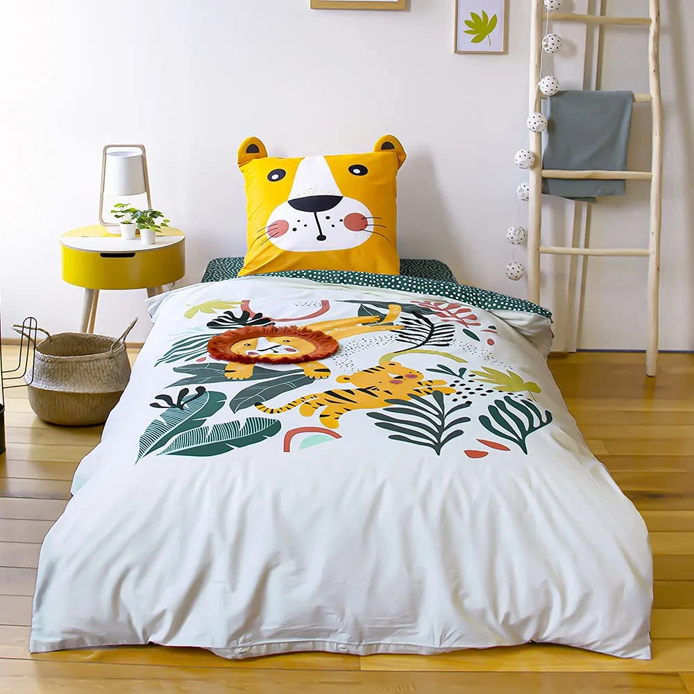 CÔTE DECO Juego de cama infantil reversible, león, verde y amarillo, funda nórdica de 140 x 200 cm y 1 funda de almohada de 63 x 63 cm, 100% algodón