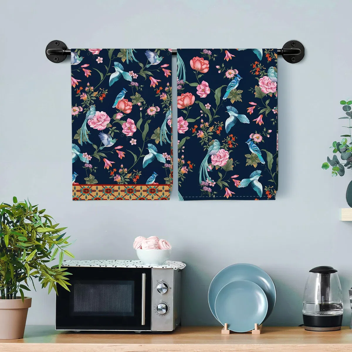 Paños y Toallas de Cocina Algodón Set de 4 - 100% Algodón, Suaves y Absorbentes para Plato, Té y Barra - 48 x 70CM Flores y Pájaros Retros