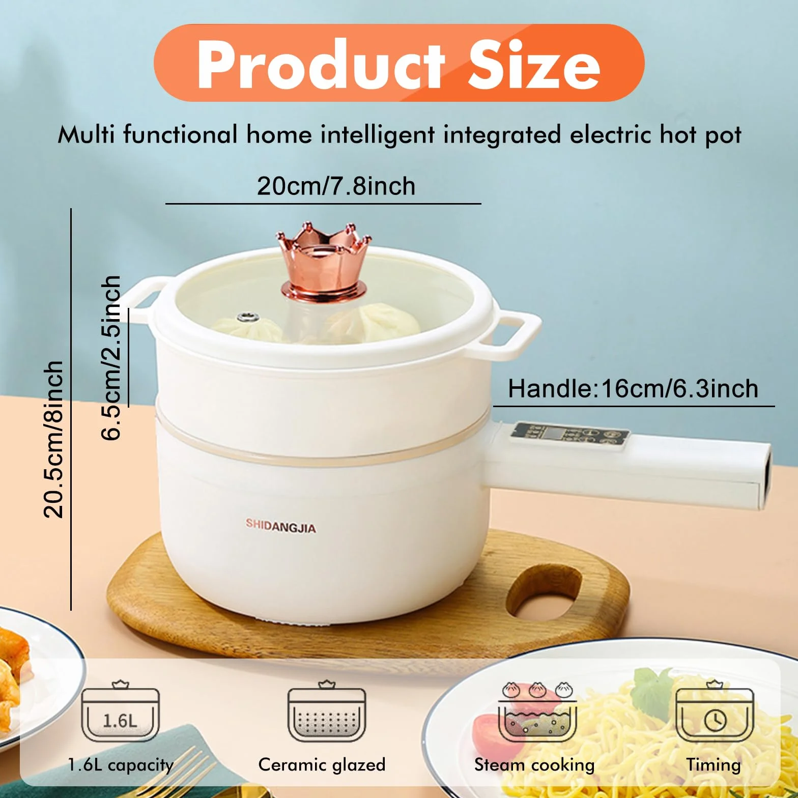 Olla eléctrica Hot Pot con vaporizador, Hot Pot eléctrico 1,6 L, mini multicocina antiadherente, mini sartén eléctrica antiadherente, función de temporizador, cocedor rápido de ramen para casa