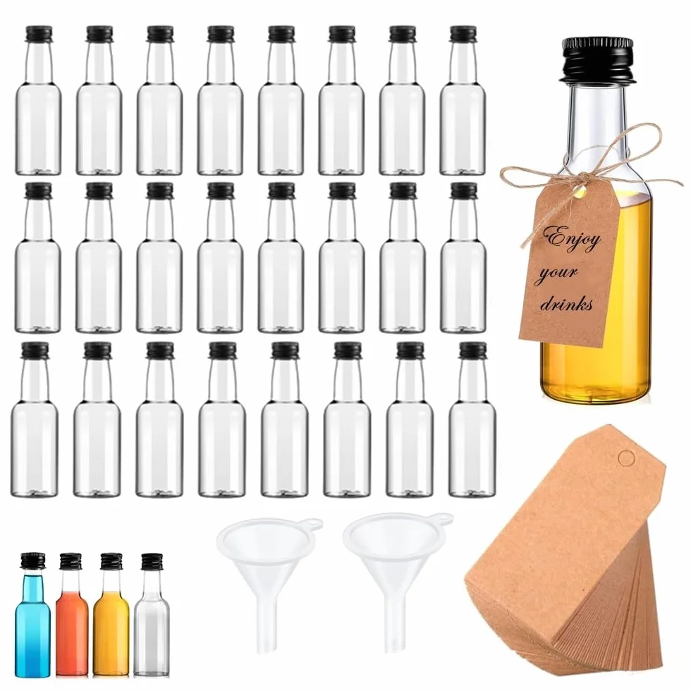 Mini Botellas Licor 50 ML con Tapón Rosca Negro 2 Embudos 24 Piezas