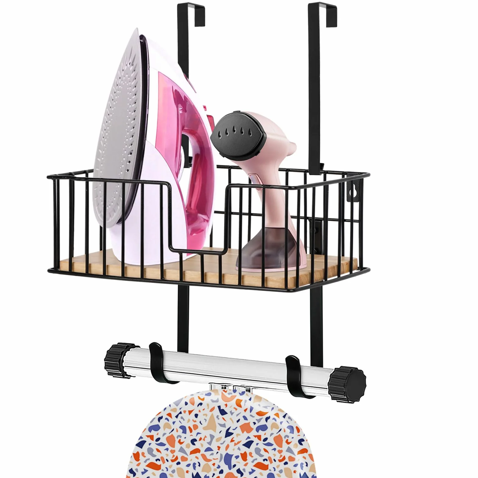 Soporte para Tabla de Planchar, Soporte para Colgar Tabla de Planchar Sobre la Puerta/Pared con Cesta de Almacenamiento, Colgador Tabla Planchar para el Cuarto de Lavado, Sostiene Planchas- Negro