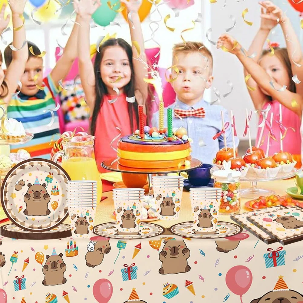 61 Pcs Juego de Vajilla para Fiesta Capybara, Dibujos Animados Vajilla Fiesta, Con Juego de Papel Platos, Manteles Accesorios de Vajilla para Fiestas Infantiles para 20 personas (A)