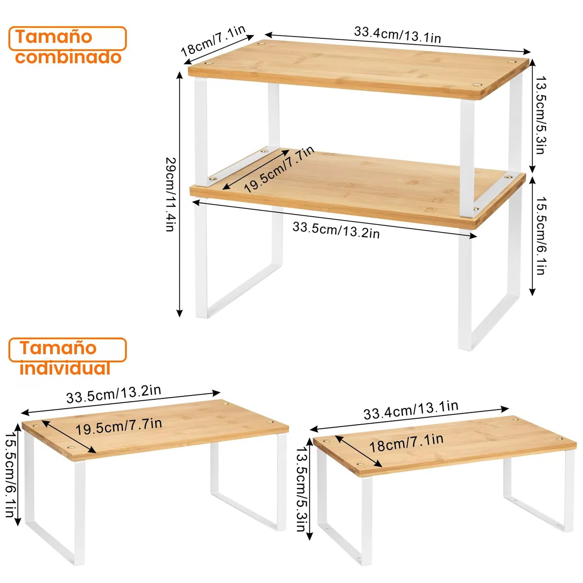 QIWODE Estante organizador expandible para gabinete, juego de 2 estantes de almacenamiento apilables para encimera de cocina, estante de despensa, estante de especias, metal y bambú