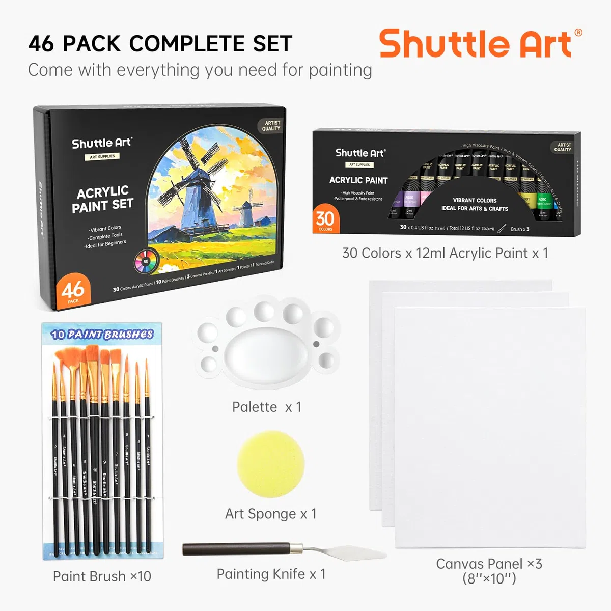 Shuttle Art 46PCS Kit Pintura Acrílica, 30 Colores Tubo (12ml) de Acrilicos para Pintar Incluye 10 Pinceles y 3 Lienzos, Pigmentos No Tóxicos, Pintura Acrilica Manualidades Ideal en Lienzo,Tela,Vidrio
