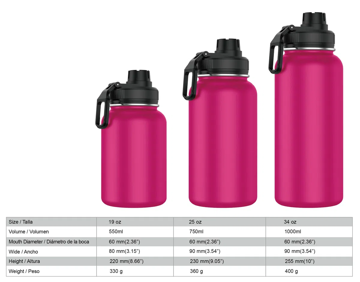 Mi Ko Mi Ka Botella de Agua de Acero Inoxidable - Botella Térmica Reutilizable Deportiva | Sin BPA | Mantiene Frio y Calor | Termo y Hermética - A Prueba de Fugas (1 Litro V2, Fucsia)