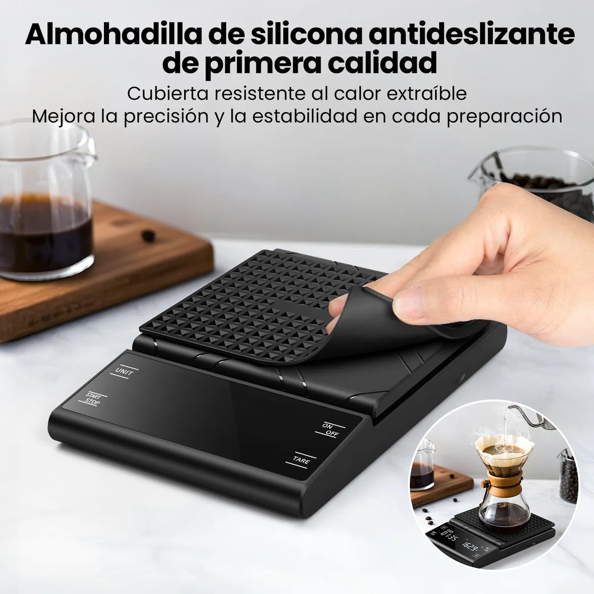 Báscula de Café Digital con Temporizador, Recargable Báscula de Espresso de Precisión 5 kg/0,1 g, con Pantalla LCD y Medición Automática Del Tiempo