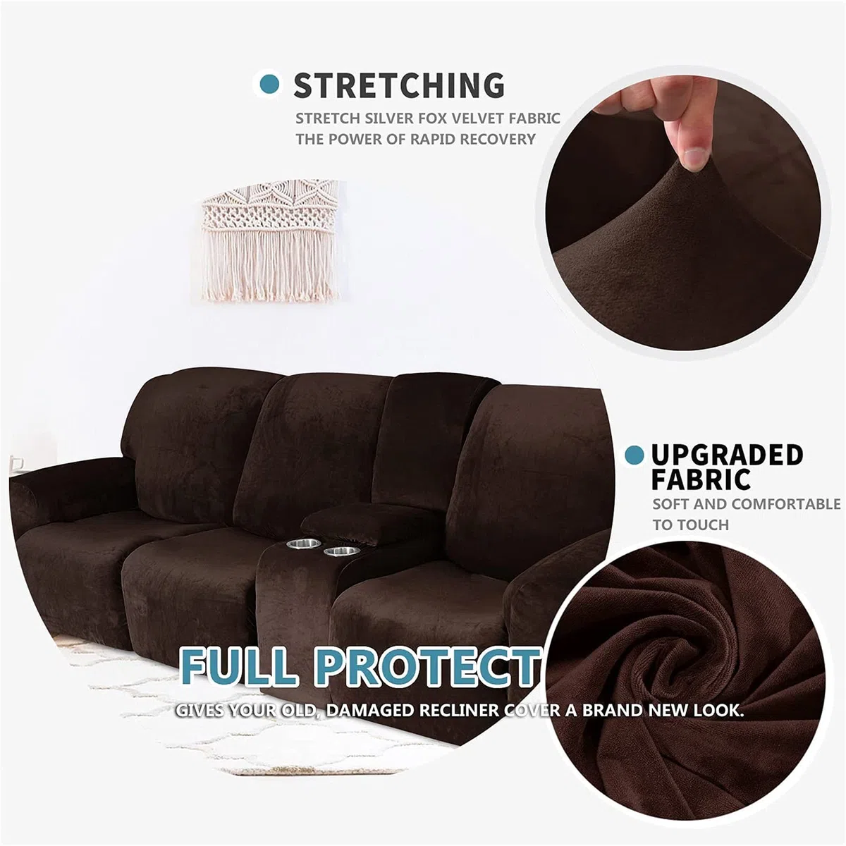 Funda reclinable elástica de Terciopelo con Consola - Tela Lavable Suave y Gruesa - Color Arena de 2 a 3 plazas - ¡Proteja su sofá reclinable con Esta Funda reclinable Premium contra el Desgaste Dia