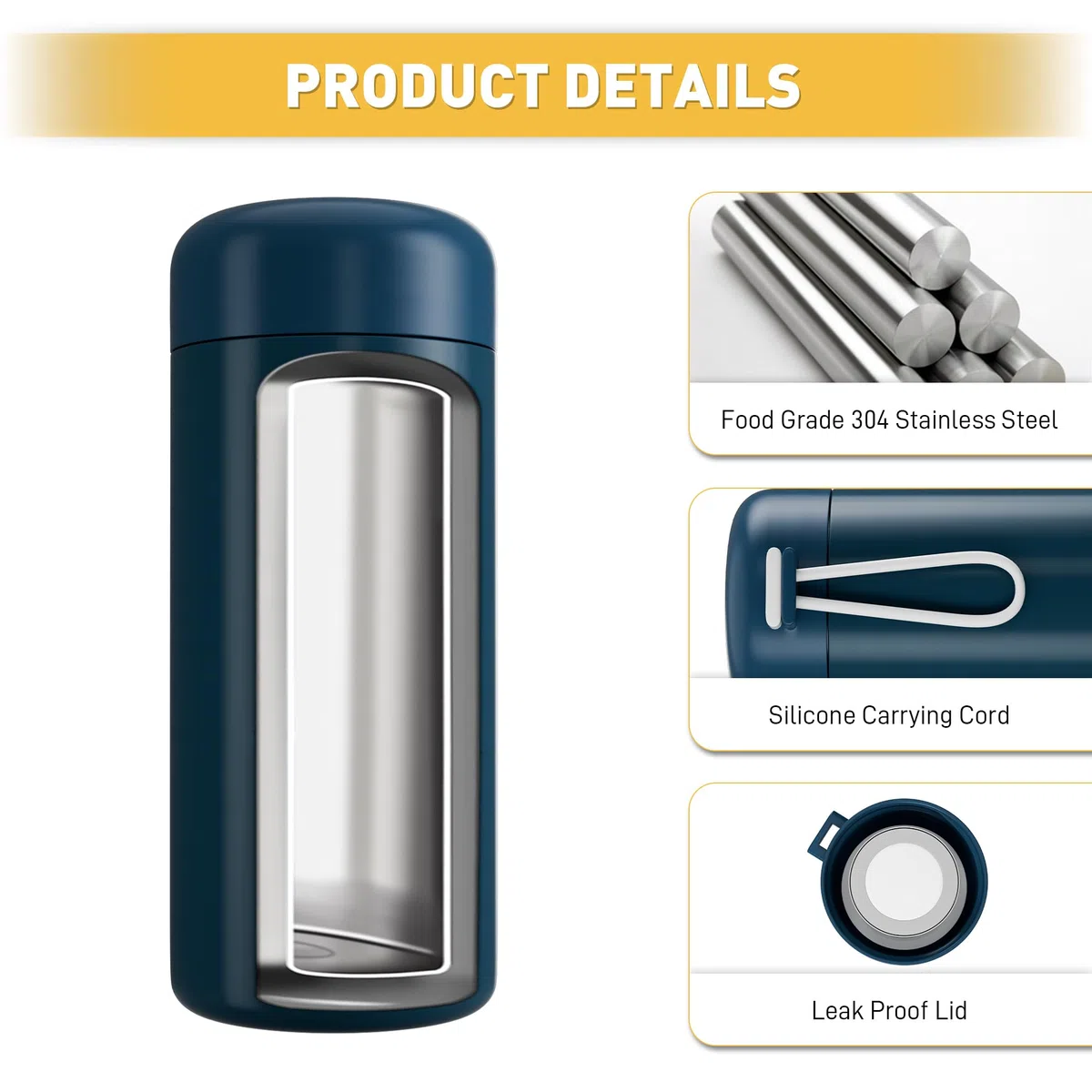Exllena Botella Térmica Pequeña 300ml – Mini Botella de Acero Inoxidable sin BPA, Aislamiento Térmico 4-6 Horas con Diseño Portátil y Hermético(Azul Oscuro)
