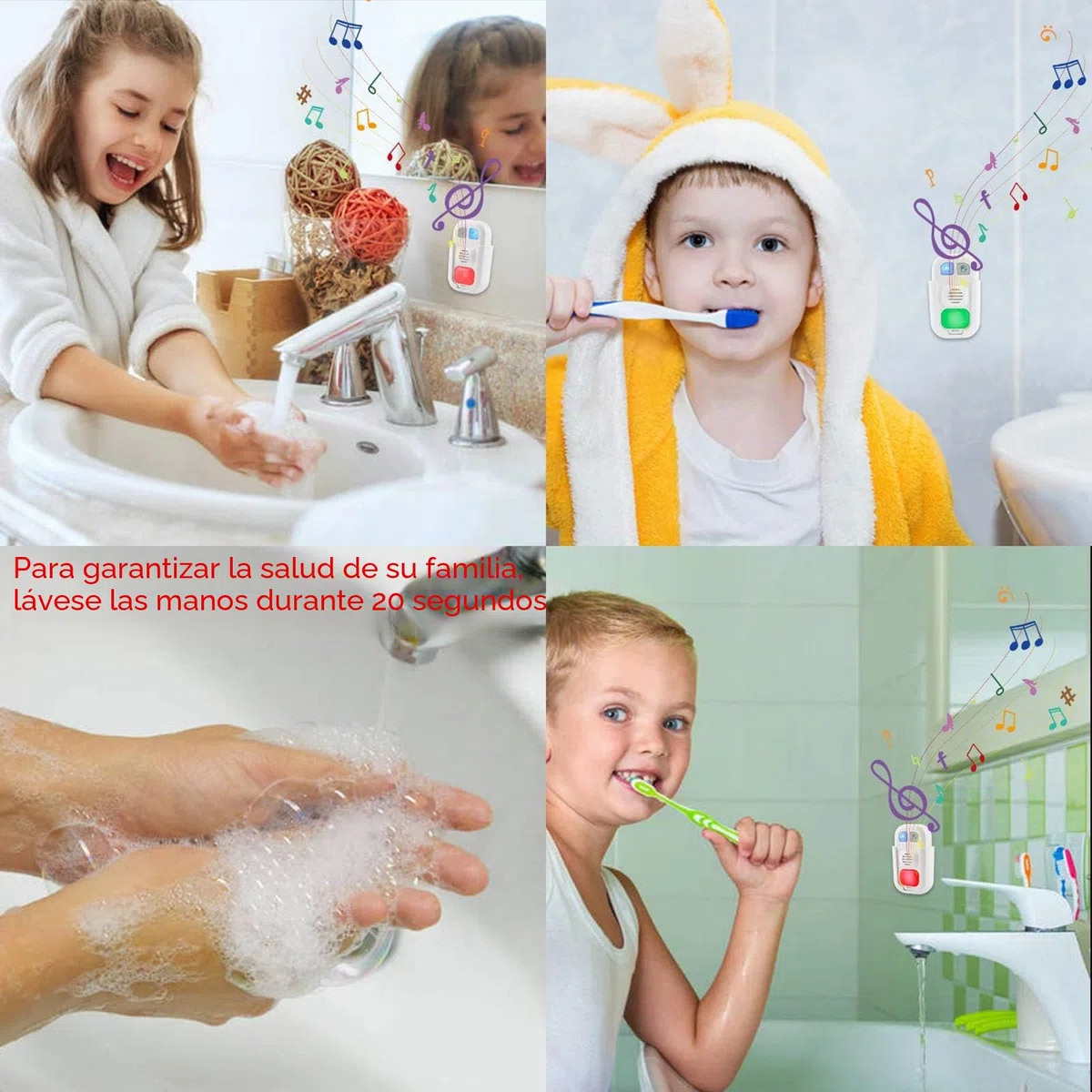 BIGLIGHT Temporizador LED para niños: 2 minutos por cepillo de dientes, 20 segundos para lavarse las manos, 12 canciones