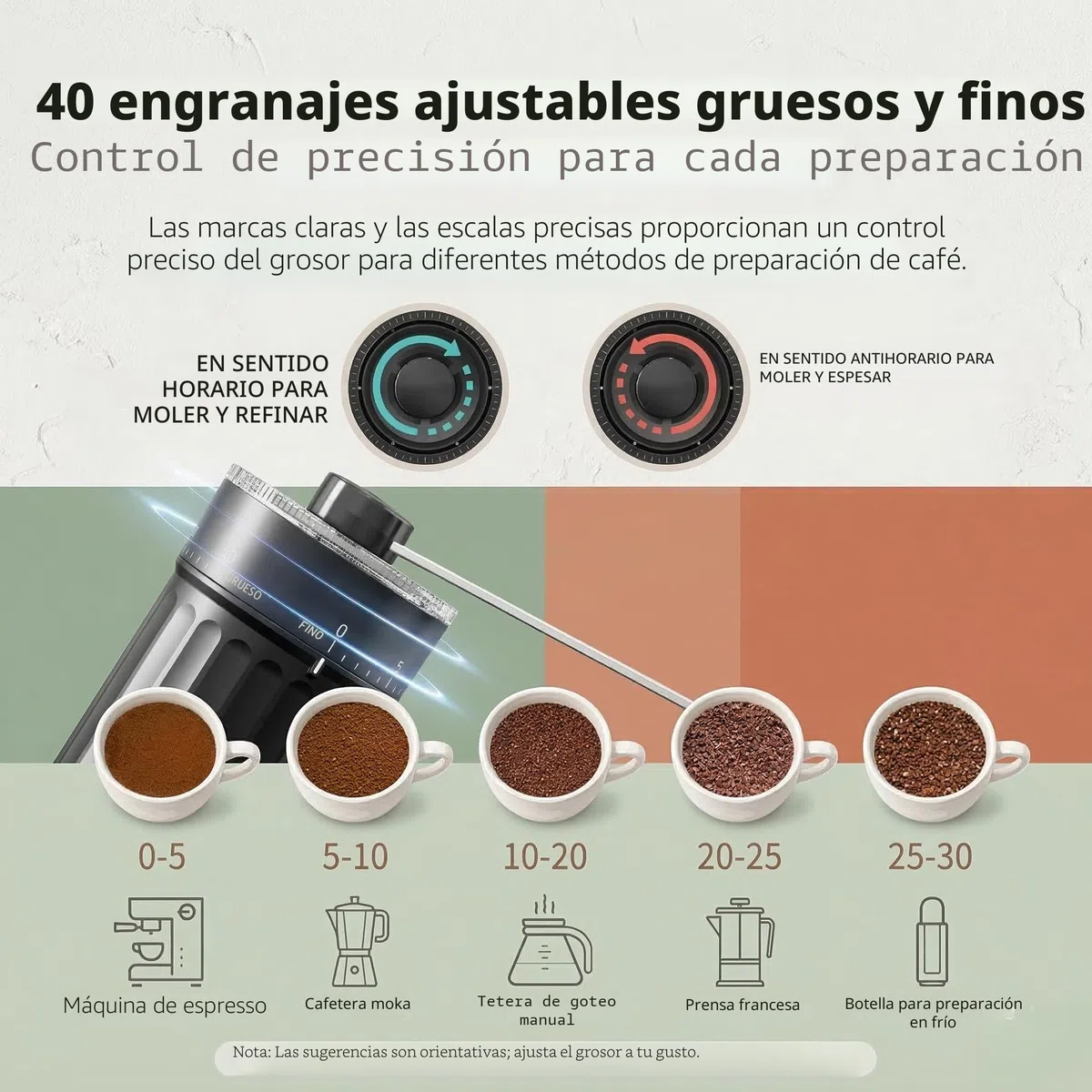 Molino de café manual externo y ajustable, con molino cónico de cerámica de alta precisión y diseño moderno, ajuste de 40 niveles, adecuado para Aeropress, Pour Over y cafeteras Moka.