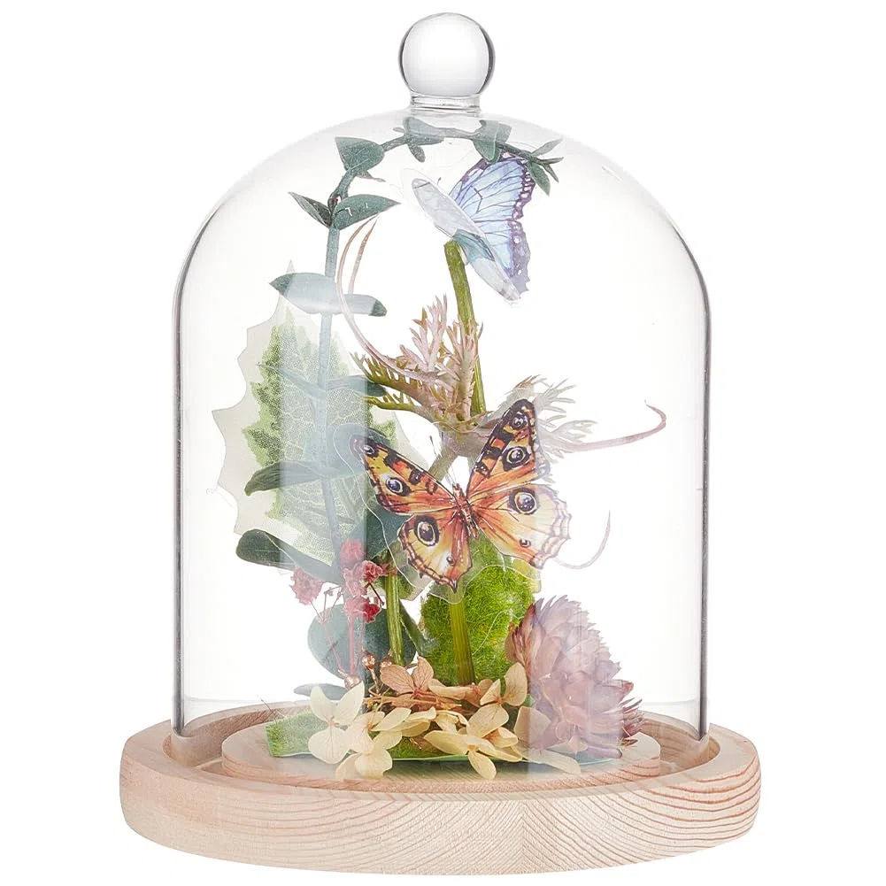 BENECREAT Cúpula de cristal de 140 x 195 mm, campana con mango superior redondo, cubierta de cristal de flores eternas con base de madera para especímenes y plantas, decoración de bricolaje