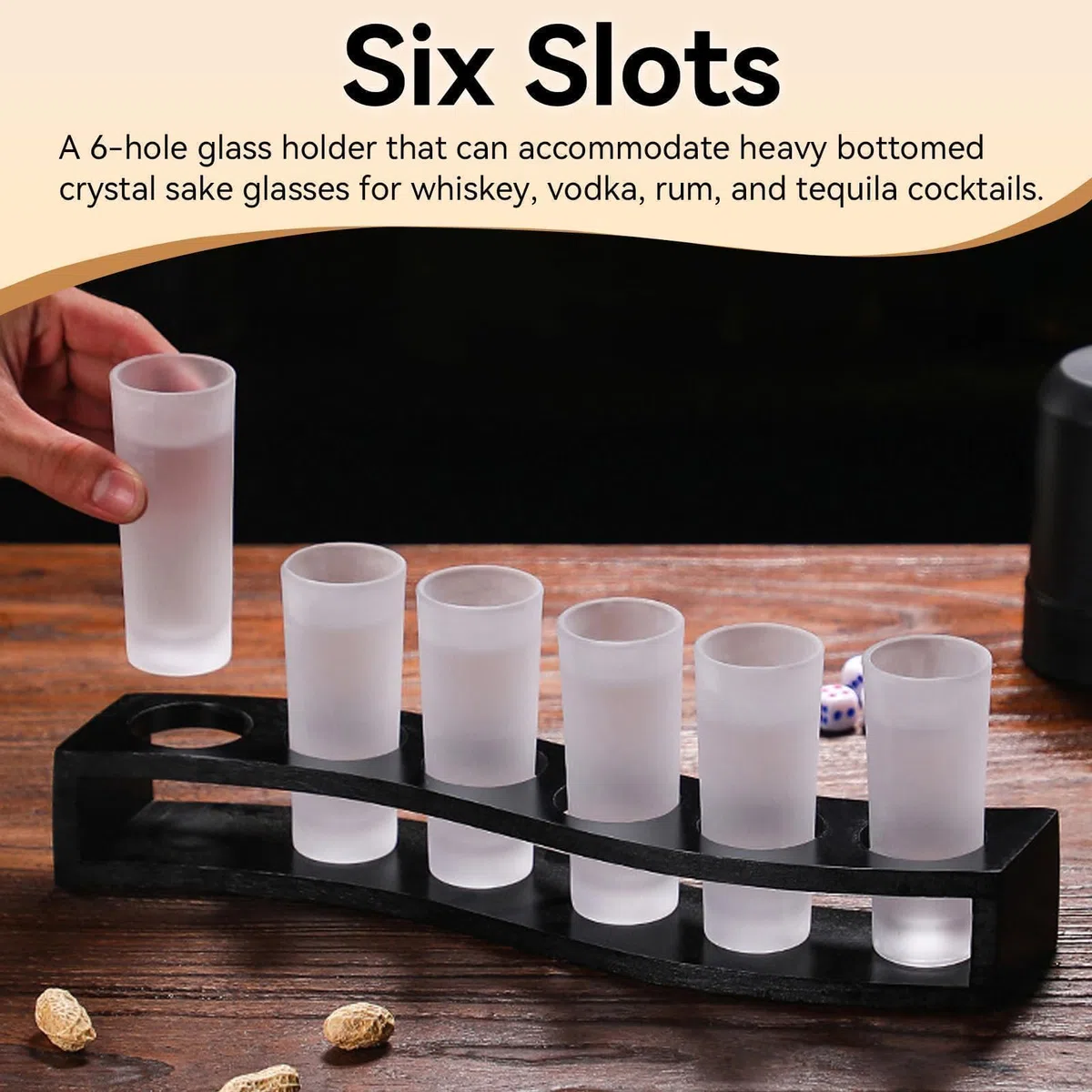 Vasos de chupito Soporte para cócteles, organizador de tablas para servir bebidas, 6 agujeros, paleta de bebidas de madera, bandeja para servir vasos de chupito negros para barra de fiesta en casa(02)