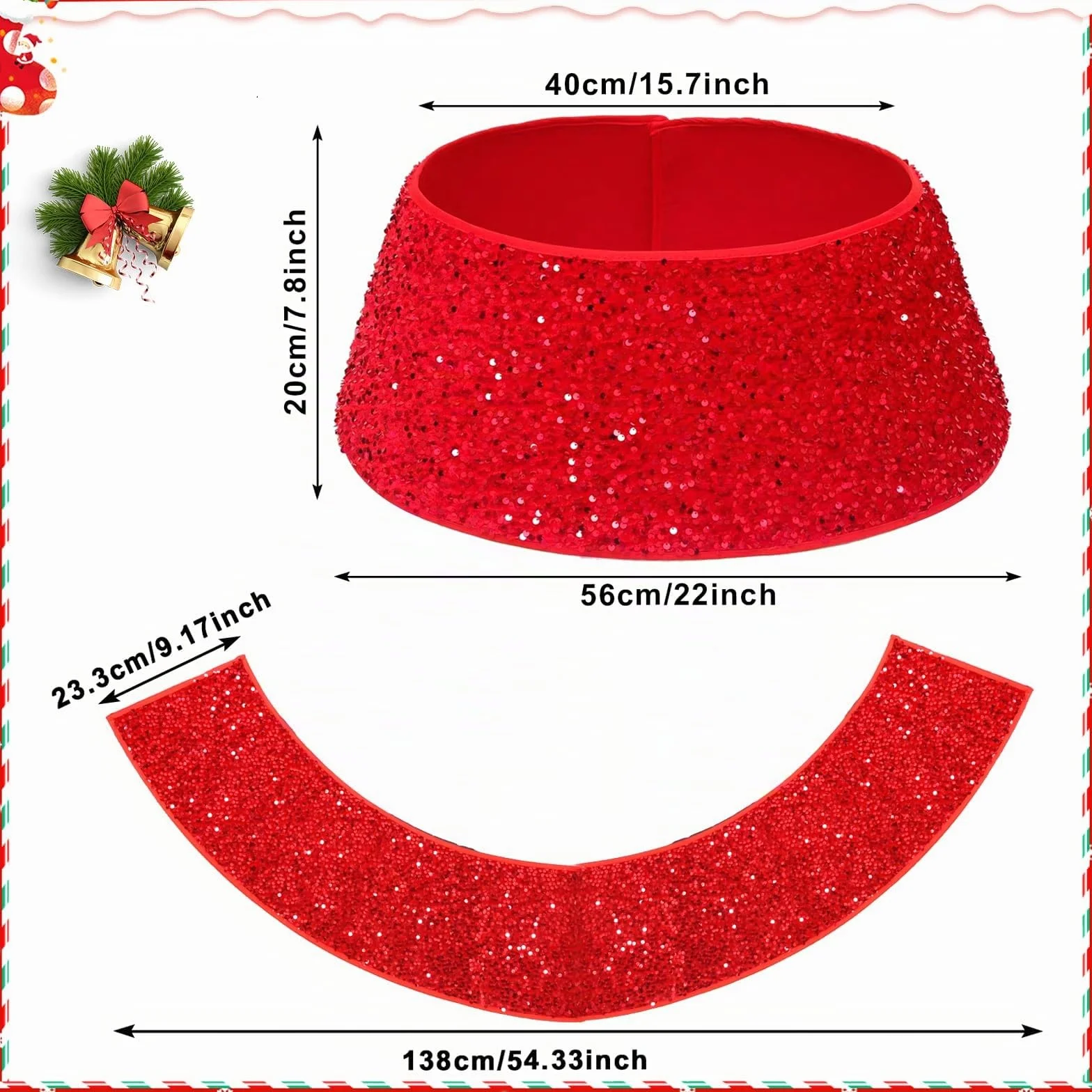 Bekecidi Falda del Árbol de Navidad con Purpurina Roja - Cubierta de la Base del Árbol de Navidad - Anillo Decorativo para Adornos de Fiesta en el Hogar de Vacaciones