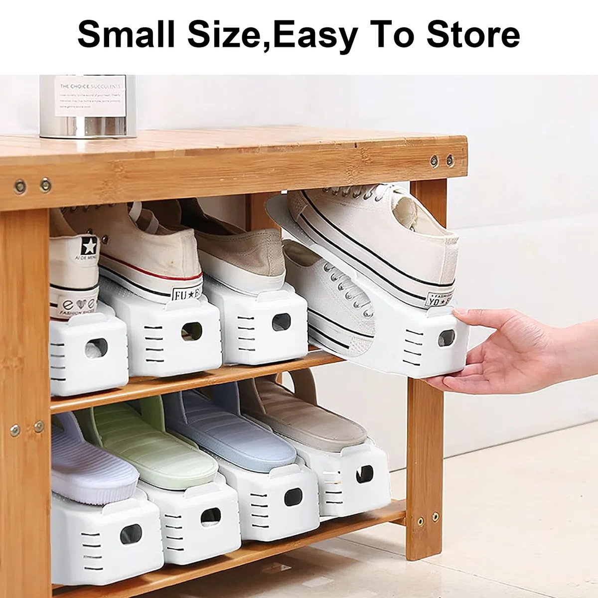 Juego de 10 zapateros ajustables, zapatero antideslizante, apilable para zapatos, 3 estantes ajustables en altura de doble nivel, organizador de zapatos que ahorra espacio (blanco-1)