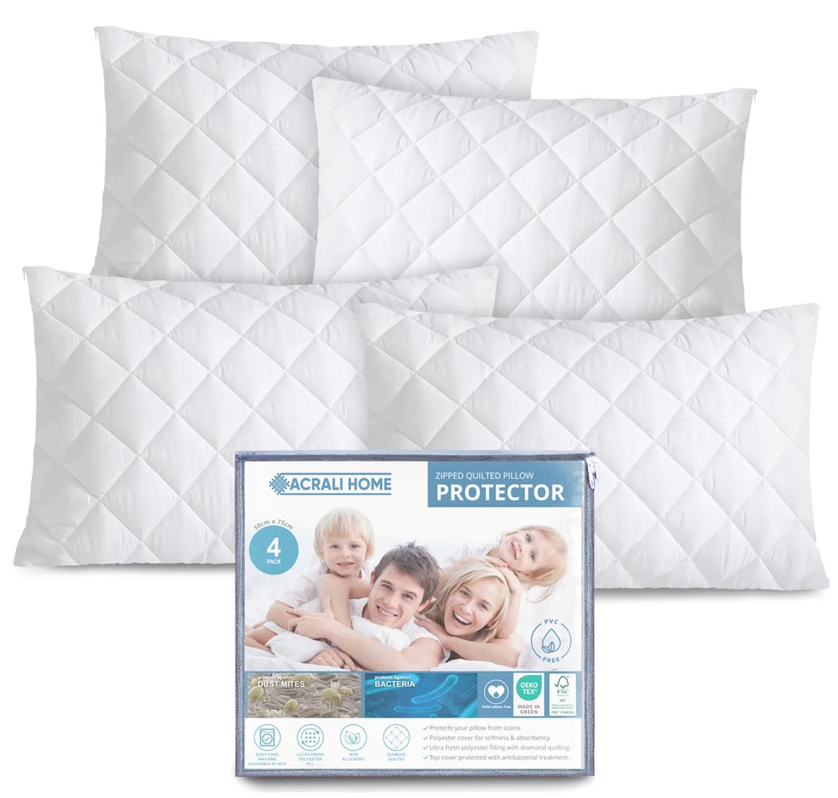 ACRALI HOME - Juego de 4 protectores de almohada acolchados con cremallera - 50x75 cm - Fundas protectoras para almohada de microfibra hipoalergénicas con cremallera, suaves, transpirables y lujosas