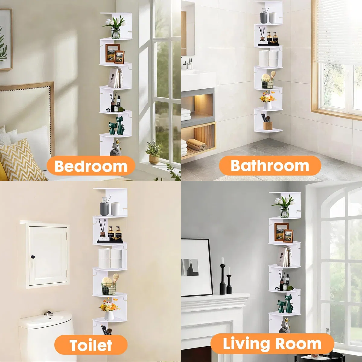powerking Estante esquinero de montaje en pared, estantería esquinera blanca de 7 niveles, estantes flotantes, organizador de almacenamiento para sala de estar, dormitorio, baño, hogar, oficina