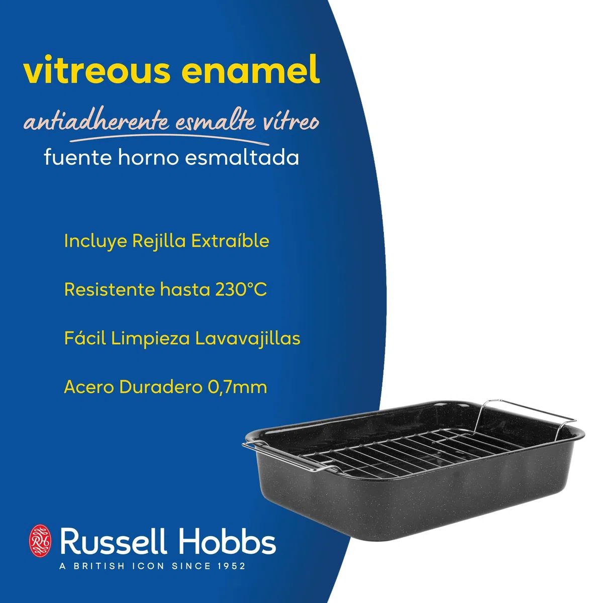 Russell Hobbs CW9161 Fuente para Horno Cuadrada Romano con Esmalte vítreo y Rejilla, 38.5 cm, antiadherente, bandeja honda grande, acabado moteado, negro