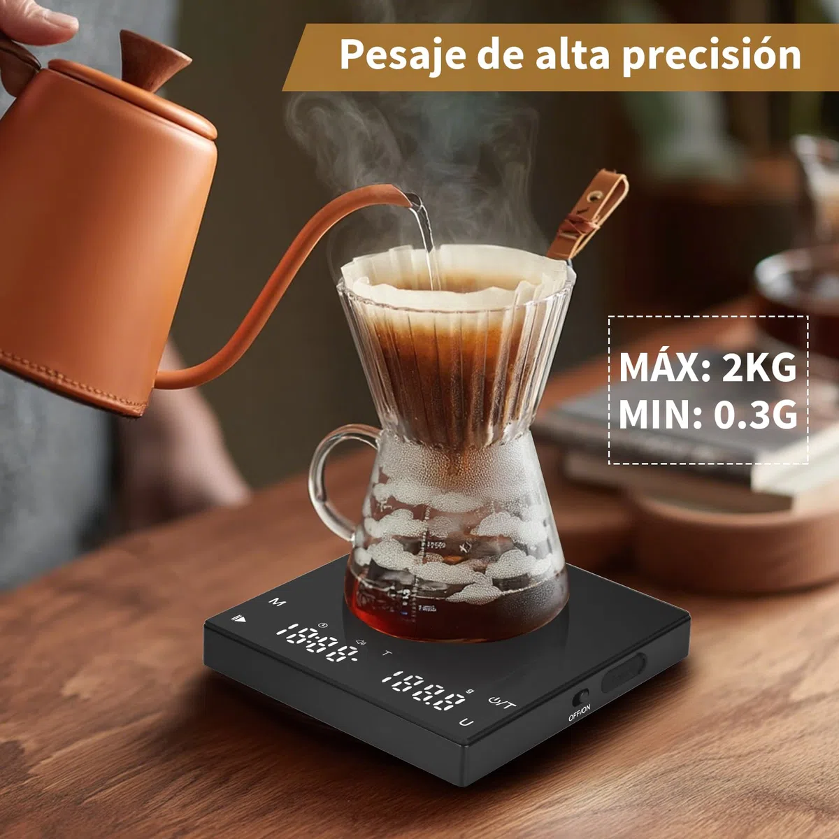 Báscula digital de café con temporizador, báscula de café expreso con graduación precisa de 0,1 g, recargable por USB, báscula de cocina, medición de caudal con función de tara, máx. 2 kg