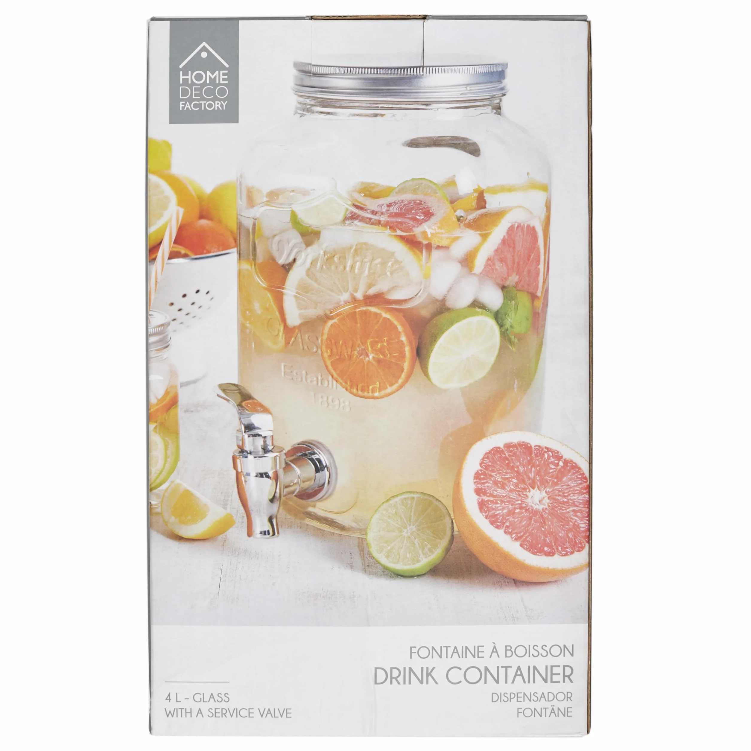 HOME DECO FACTORY - KV7169 Dispensador de Bebidas de Vidrio con Grifo 4 L - Diseñado para Casa y Eventos - Tapa Incluida - Capacidad 4 L - Elegancia y Práctica