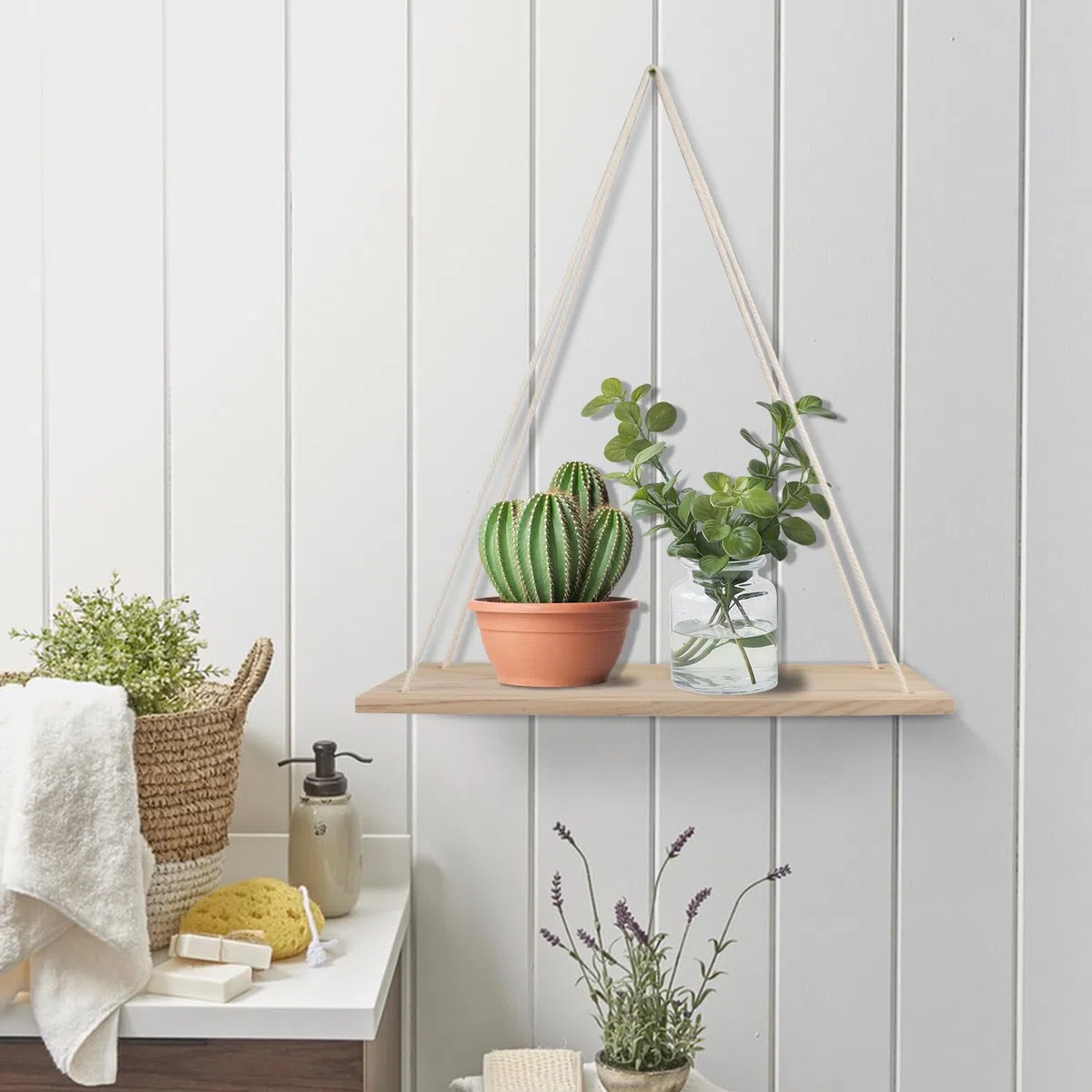 YIYA 2pcs Estante Colgante de Madera Estantes Flotantes de Madera con Cuerda Boho Decor para Salas Decoración Pared de Estar, Dormitorio, Oficina,de Baño Decoración de Plantas Pequeñas