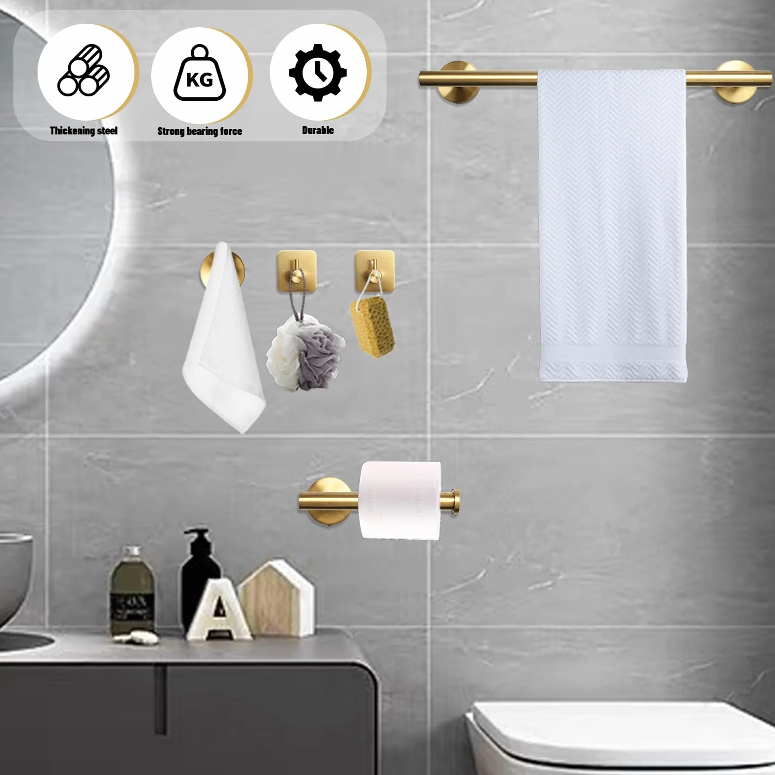 Toallero de Baño, Accesorios baño,Que Incluye 1 toallero, 1 portarrollos y 3 Ganchos. El Conjunto Completo Ofrece soluciones prácticas para el baño (Oro)