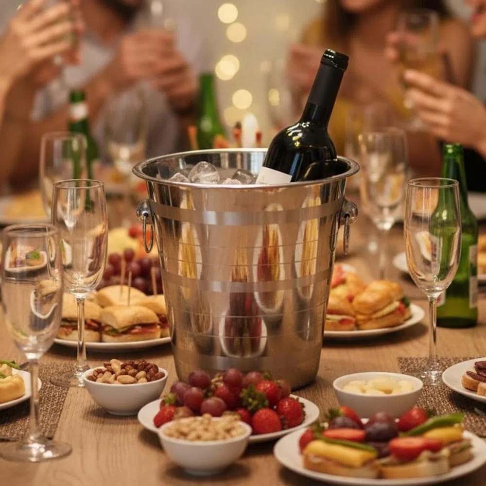 Champanera con Asas - Cubitera de Vino - Cubo de Champán con Asas - Cubo Enfriador de Bebidas - Cubitera de Acero Inoxidable
