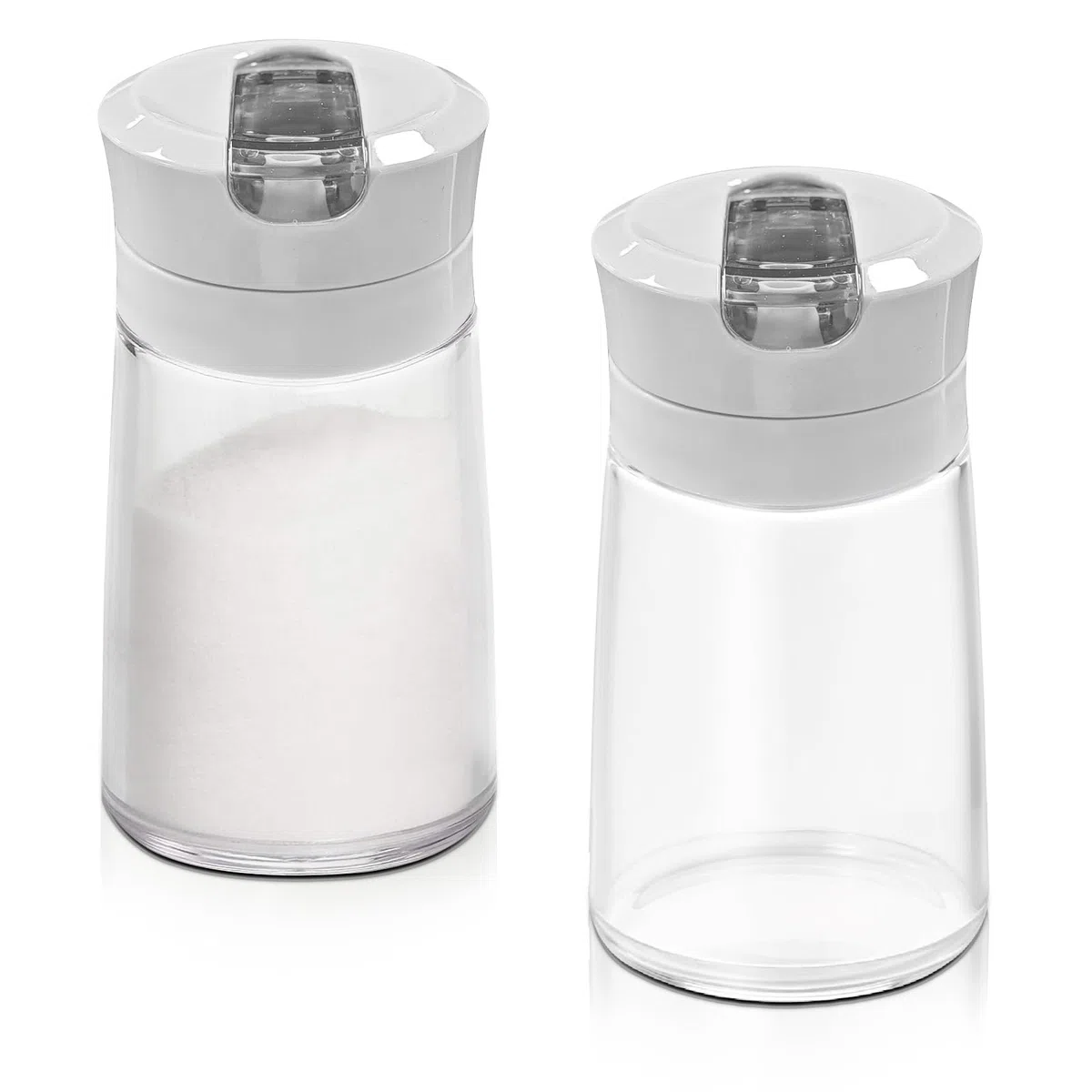 2 dispensadores de azúcar de vidrio con boquilla de vertido automático, recipiente de azúcar con peso, 250 ml, soporte para salero, accesorios para barra de café (Gris)