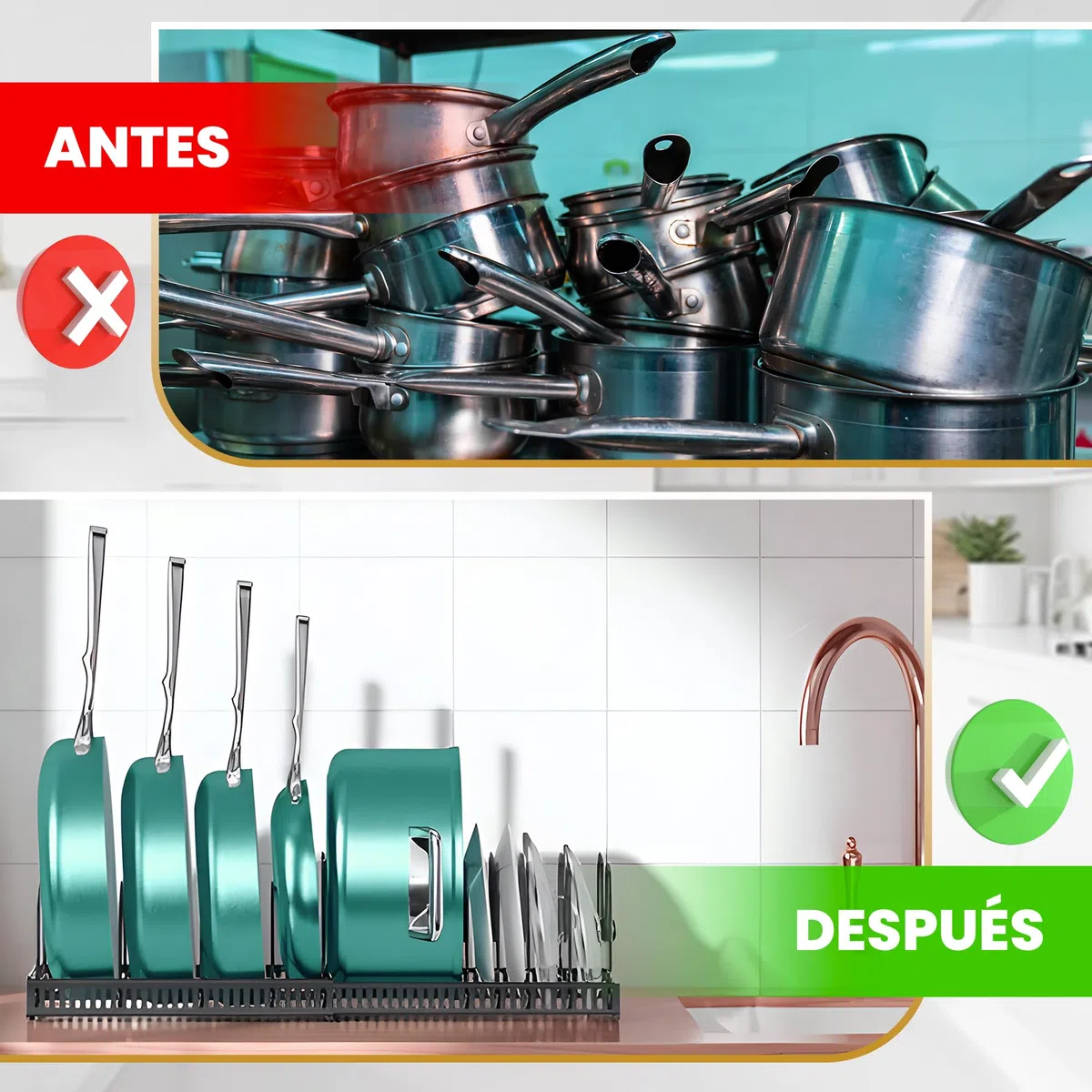 organizador sartenes y ollas cajon - 10 compartimentos y un soporte adhesivo para tapas - organizador de platos para armario y cajones de cocina