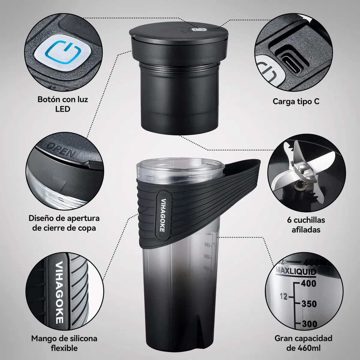 Batidora Portatil para Smoothies, Licuadoras Para Zumos de 460ml con Batería Recargable de 4000mAh, Batidora Smoothie con Pajita de Silicona, Adecuado para Viajar y para el Hogar (HD-07)