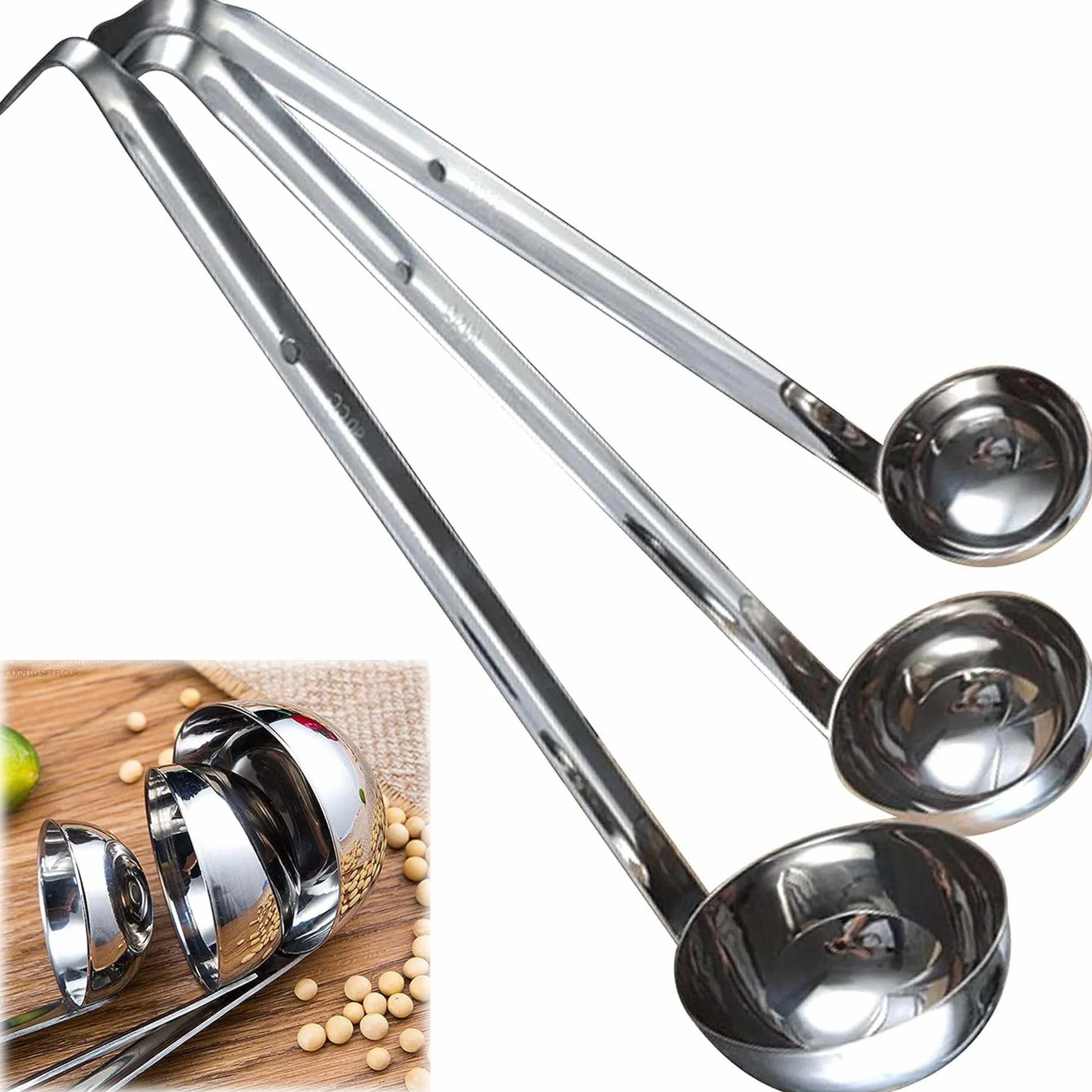 3 Cucharón para Salsa Cuchara para Salsa de Mango Largo Acero Inoxidable Cuchara De Sopa con Gancho Cucharas Medidoras Pequeñas Líquido para Cocinar Salsa Sopa Salsa Ensalada Aderezo (30ml 60ml 90ml)