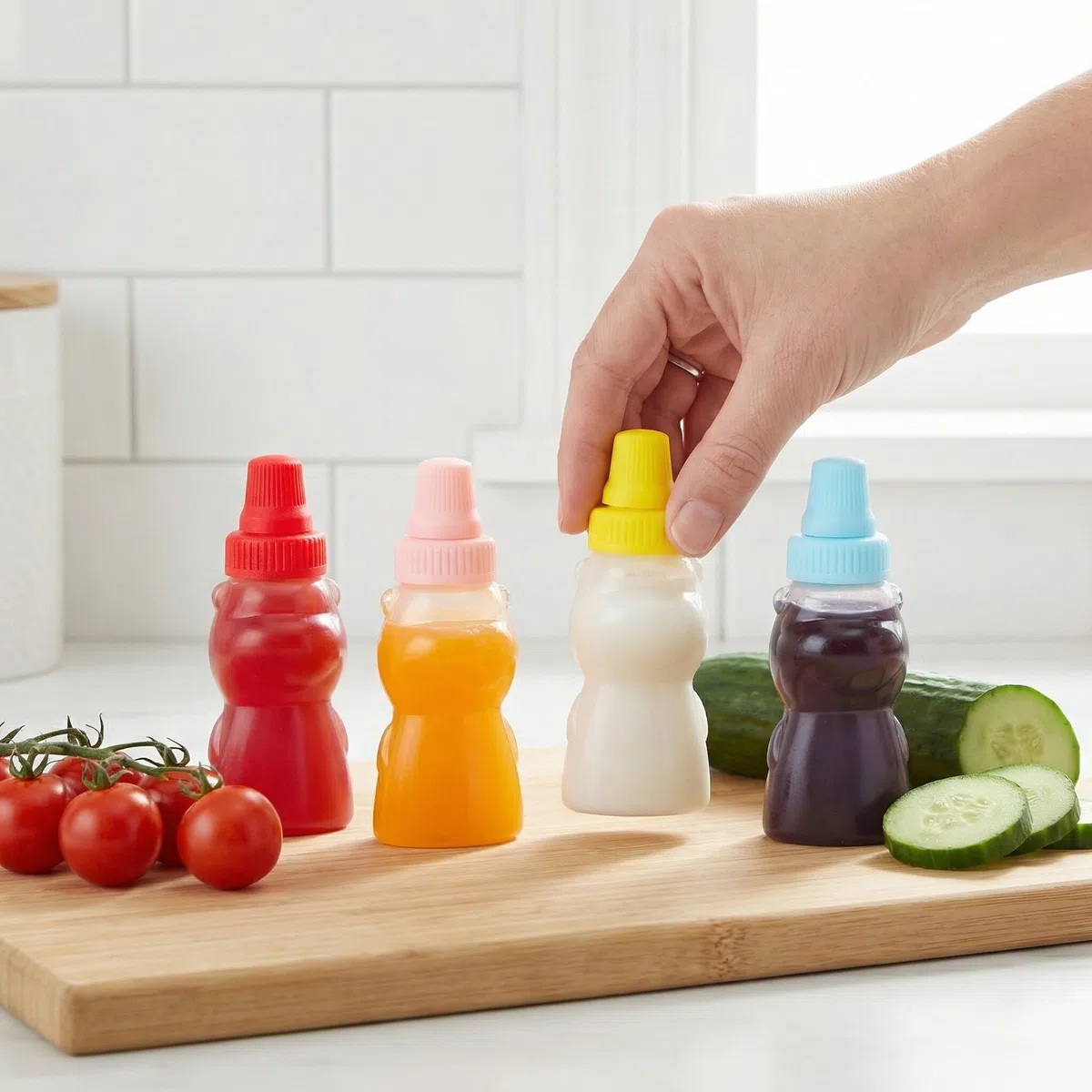 Juego de 8 Mini Botellas de Salsa de 23ml de Pe Tapas, Dispensadores de Condimentos Prácticos para Casa y Restaurante, Duraderas y Fáciles de Usar