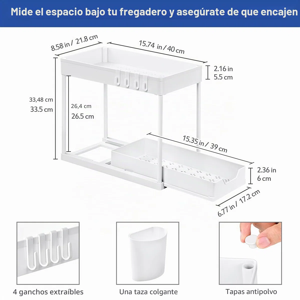 Puricon Estantería Bajo Fregadero, Estante Organizador Mueble Bajo Fregadero Cocina Lavabo -Blanco