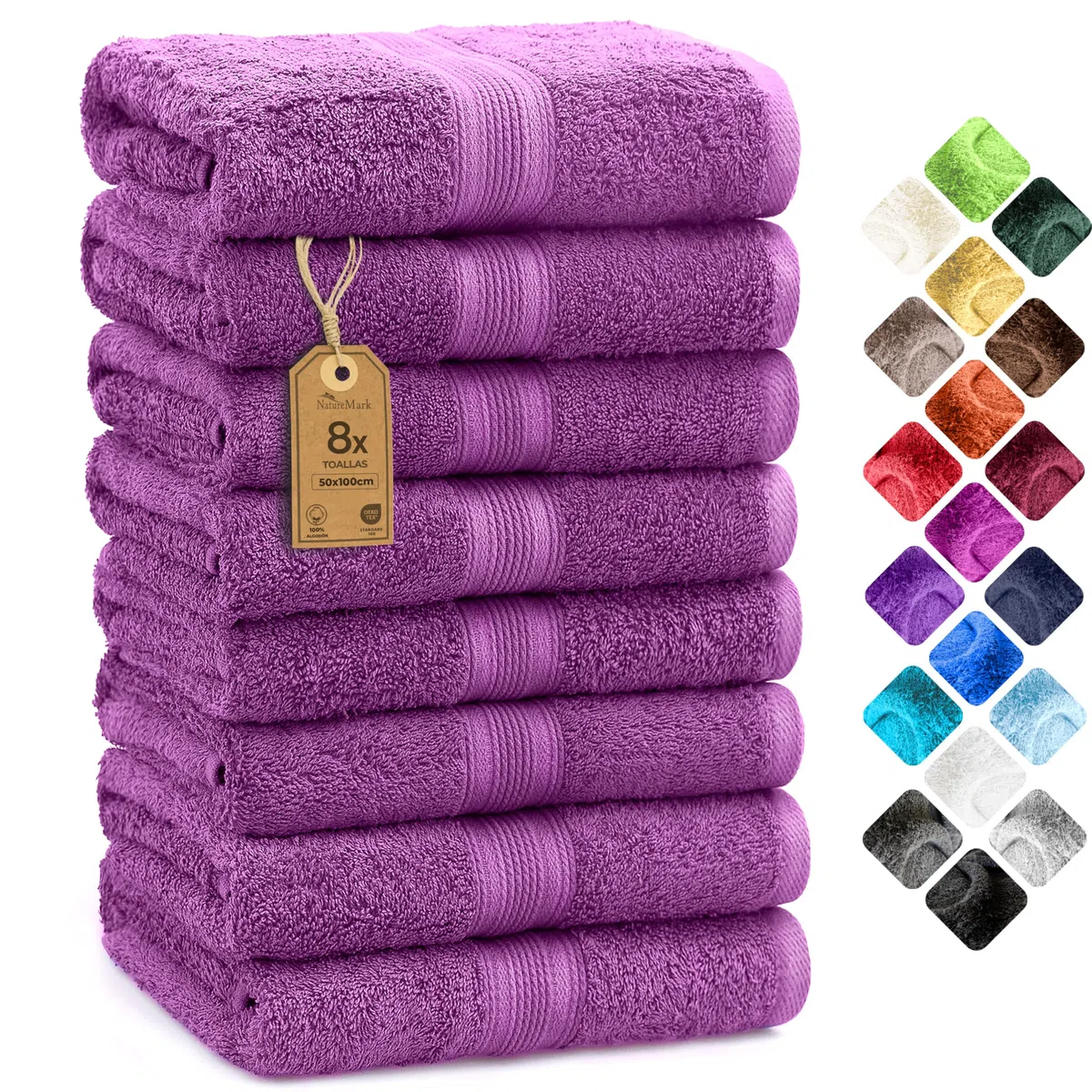 NatureMark Set de 8 Toallas de Mano - 100% Algodón - Toallas Absorbentes y Duraderas, Tamaño 50×100 cm, Lila