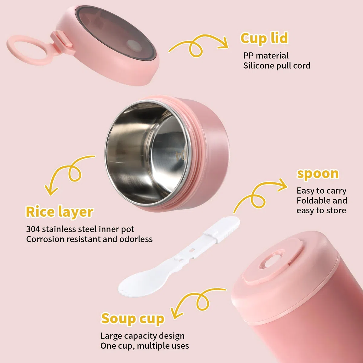 Termo para Comida, 530ml+290ml Termo Comida Caliente Acero Inoxidable, Taza de Cereales para Llevar de Doble Capa, Frasco Contenedor Térmico con Cuchara Para Trabajo, Escuela (Rosa)