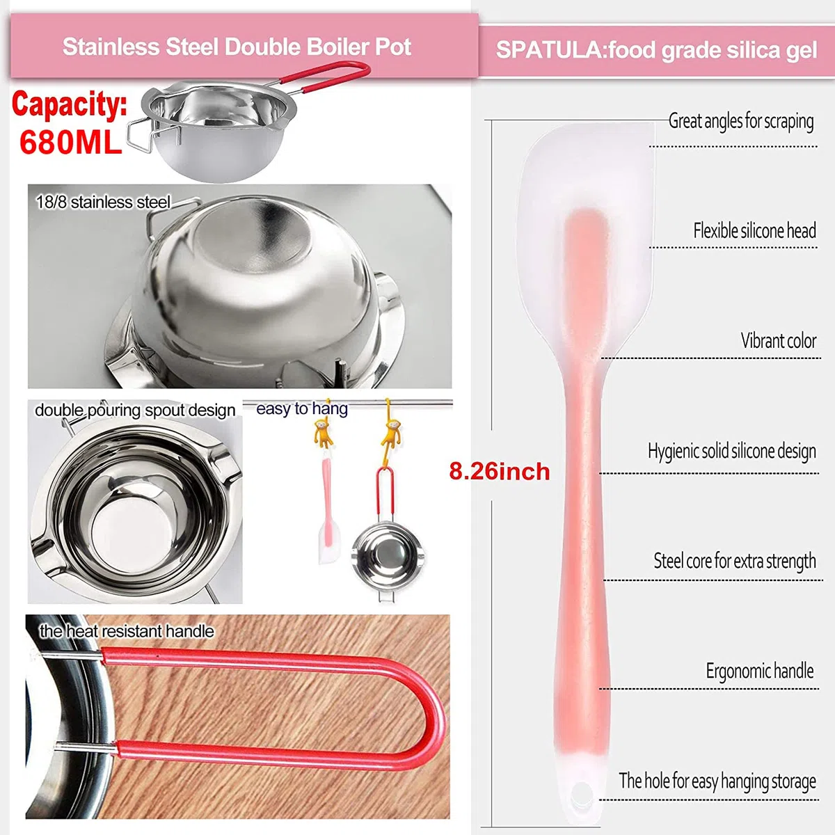 JEMESI Kit de Fabricación de Velas Incluye Bote Doble de Caldera, Mechas, Pegatinas de Mechas, Soportes fijos para Mechas, Espátula de silicona Se usa para Hacer Velas y Chocolates