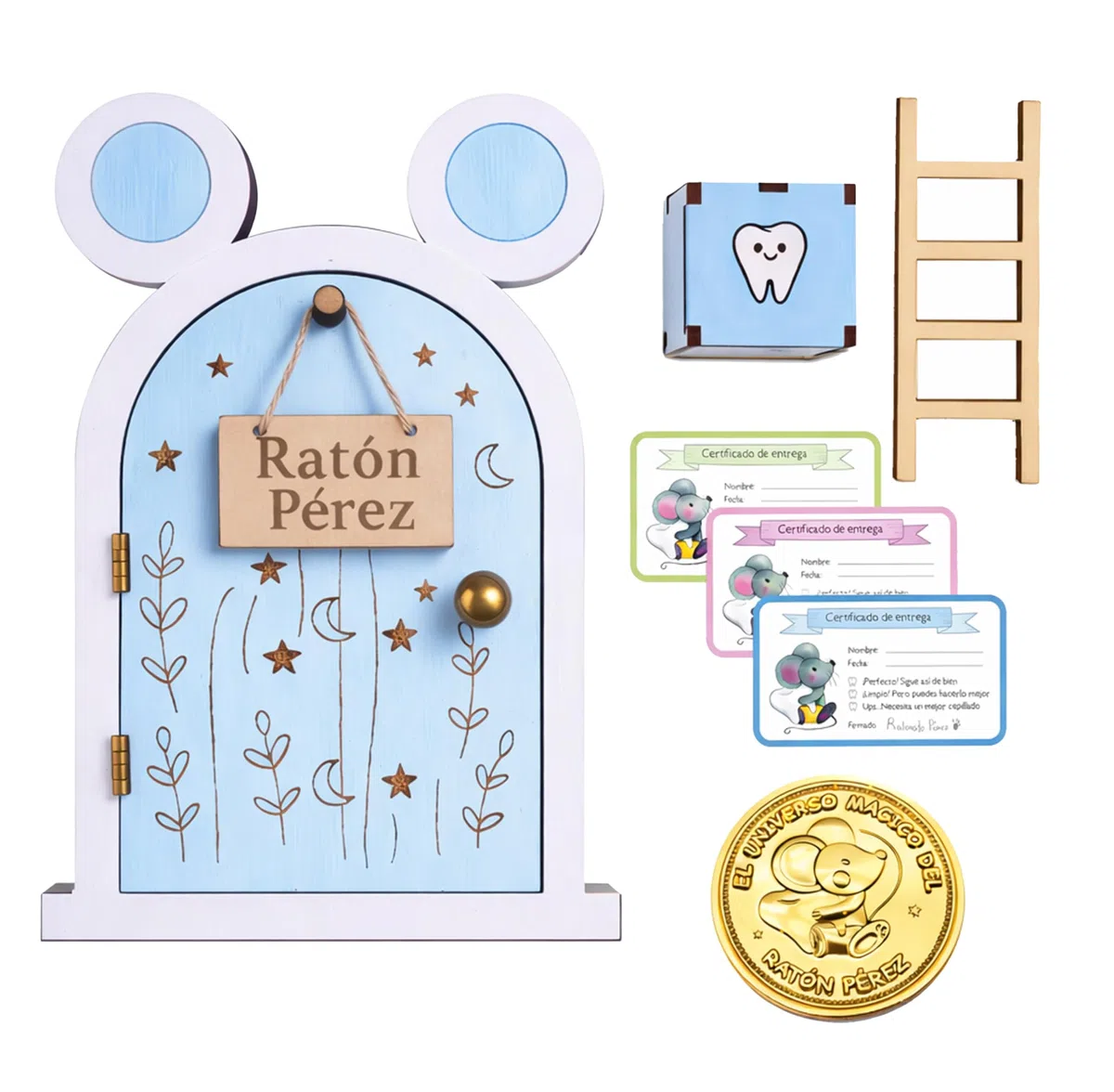 Zaldun-Puerta Ratoncito Pérez – Casita Ratoncito Pérez de Madera | Caja para Dejar Dientes,Escalera, certificados y Moneda - Se Abre la Puerta. (Azul)