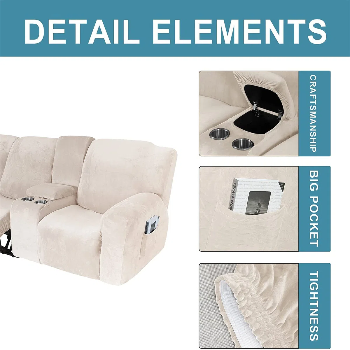 Funda reclinable elástica de Terciopelo con Consola - Tela Lavable Suave y Gruesa - Color Arena de 2 a 3 plazas - ¡Proteja su sofá reclinable con Esta Funda reclinable Premium contra el Desgaste Dia