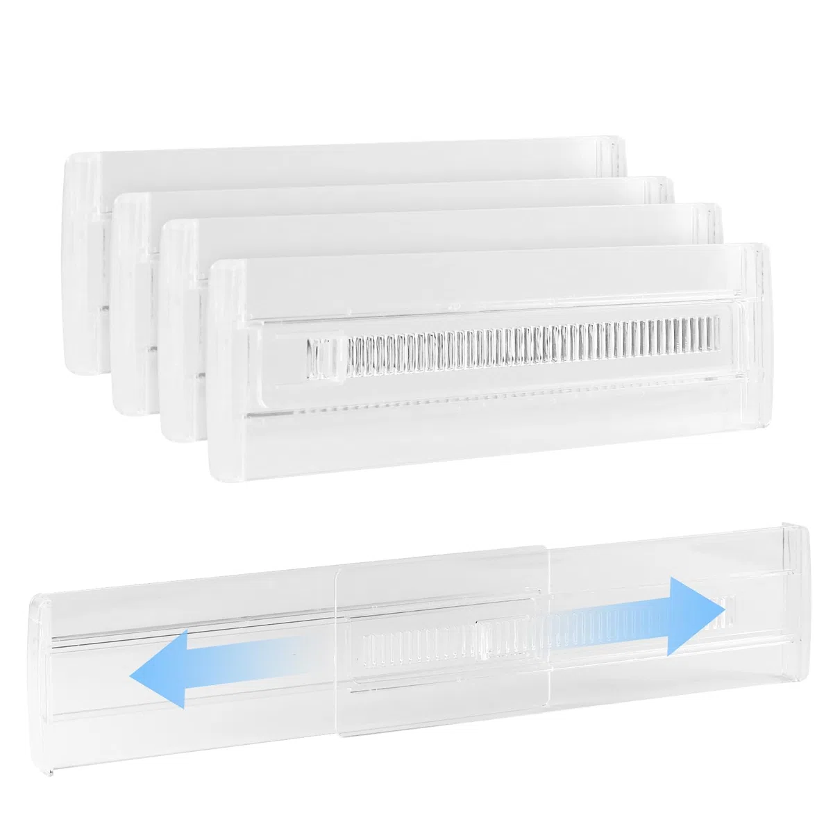 Separadores de Cajones Ajustables, Juego de 4 Divisores de Organizador Cajones Transparente Cajones Extensibles de Plástico para Tocador Armario Cocina Dormitorio Tamaño 28,8-50cm
