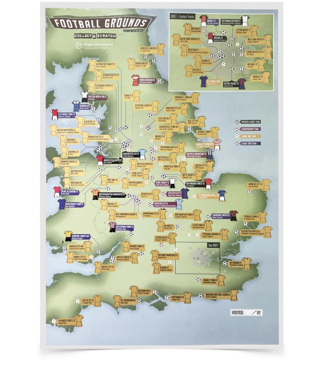 92 campos de fútbol de la temporada 2025-26 - Mapa de viaje para recoger y rascar - Maps International - 29 x 42 cm