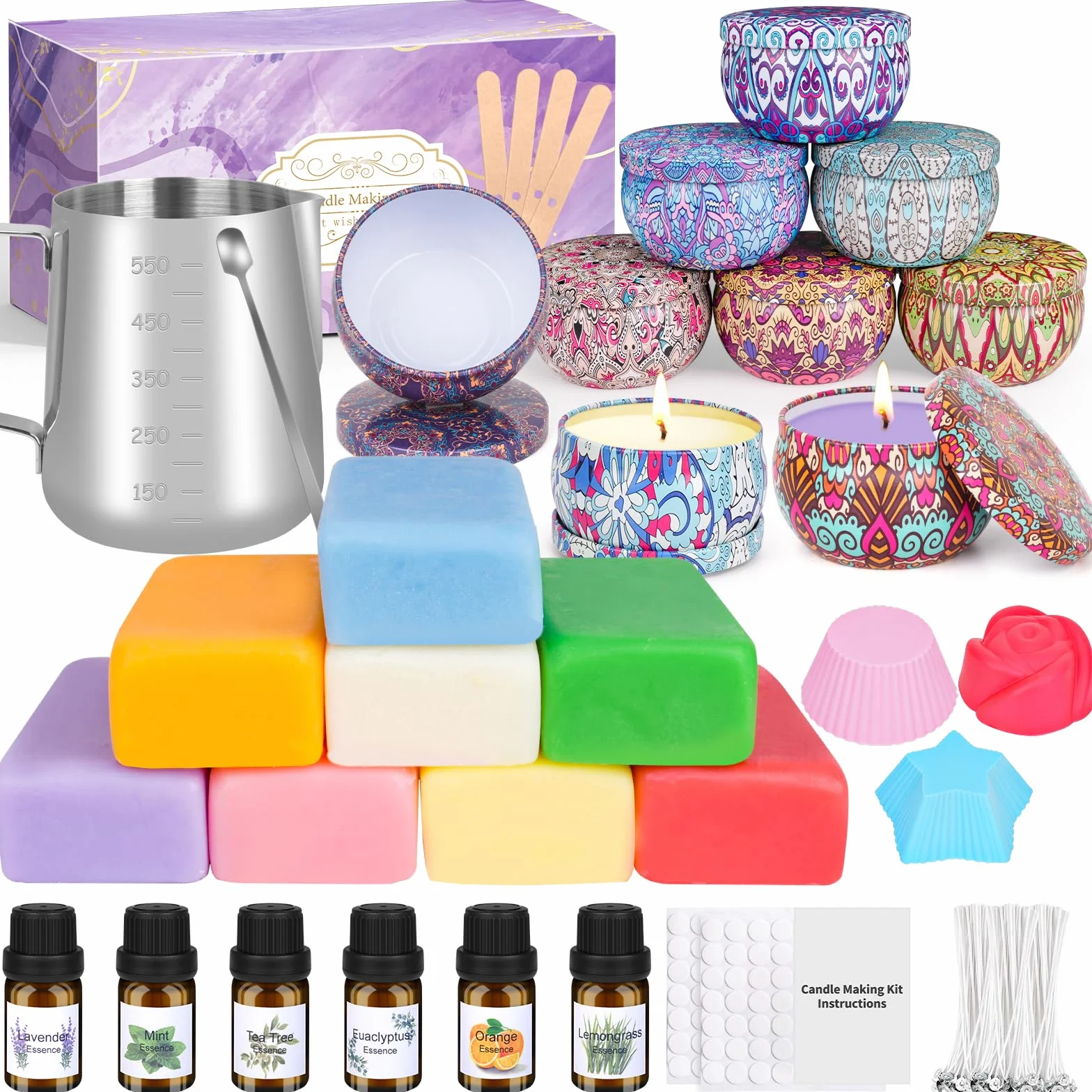 LDUMODUW Kit Para Hacer Velas Aromáticas Fabricacion, Kit Velas Set de Regalo Con 480g Cera de Soja Para Velas, 6 Aceites Esenciales, Mechas u Crisol de 550 ml, Kit Manualidades Adultos