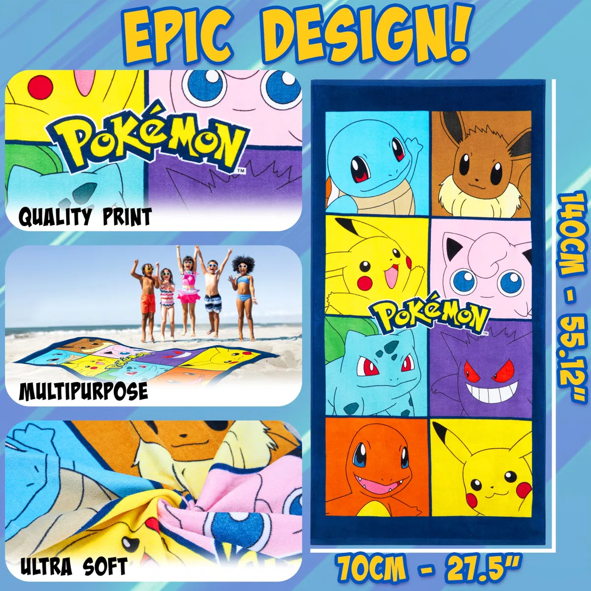 Pokémon Toalla Baño Niño Suave Pikachu Toalla Playa Niña Piscina Anime Toallas Baño 100% Algodon 140x70cm Viajes Accesorios