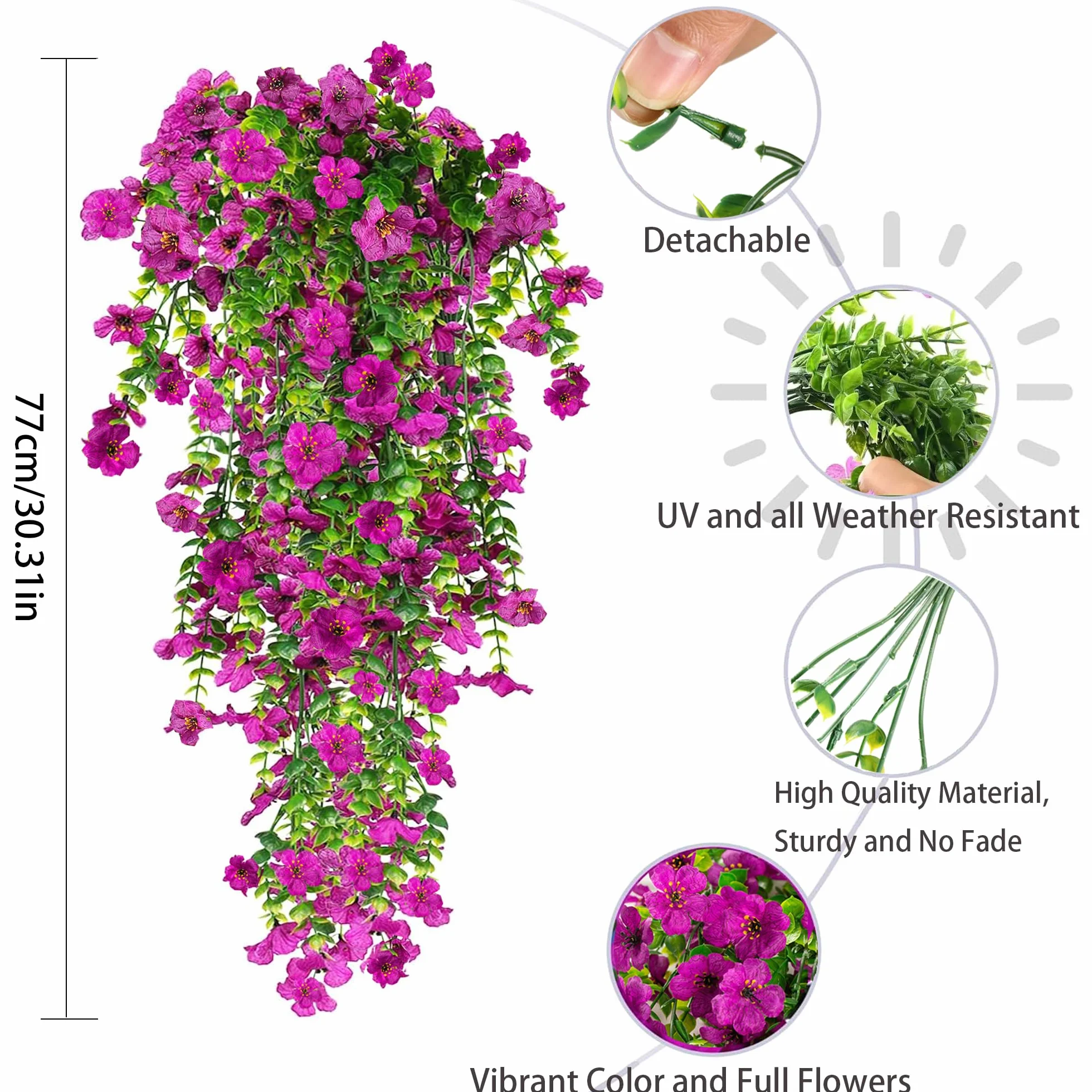 4 Piezas de Flores Artificiales Colgantes Exteriores, 77cm A Los Rayos UV Resistentes Artificiales Plantas para Jardines, Balcones, Patio, Paredes, Inicio Cocina Decoración (Morado)