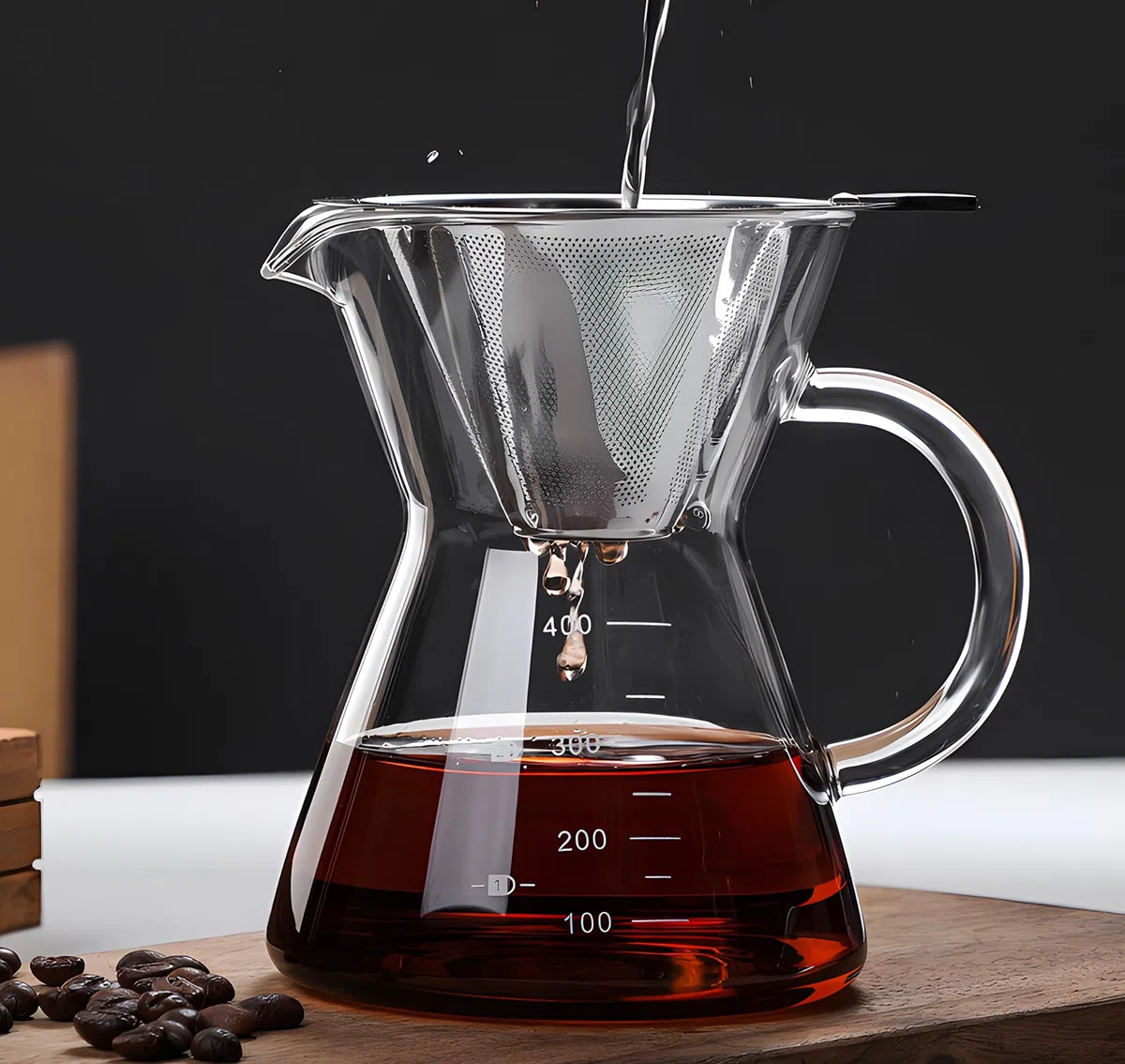 Cafetera para verter con filtro de goteo de acero inoxidable reutilizable, juego de cafetera de goteo de vidrio, jarra de café de vidrio de borosilicato sin plomo para 1-2 tazas, transparente