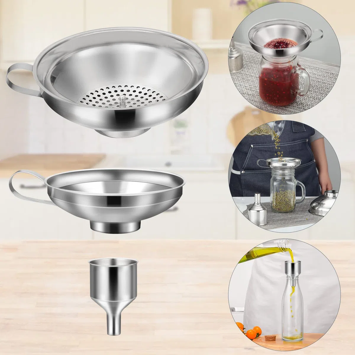 HAUSPROFI Set de embudo de acero inoxidable de 7 piezas con tarros de envasado, elevador y filtro - 3 tamaños de set de embudo de cocina para mermelada, envasado, aceite, especias - Apto para