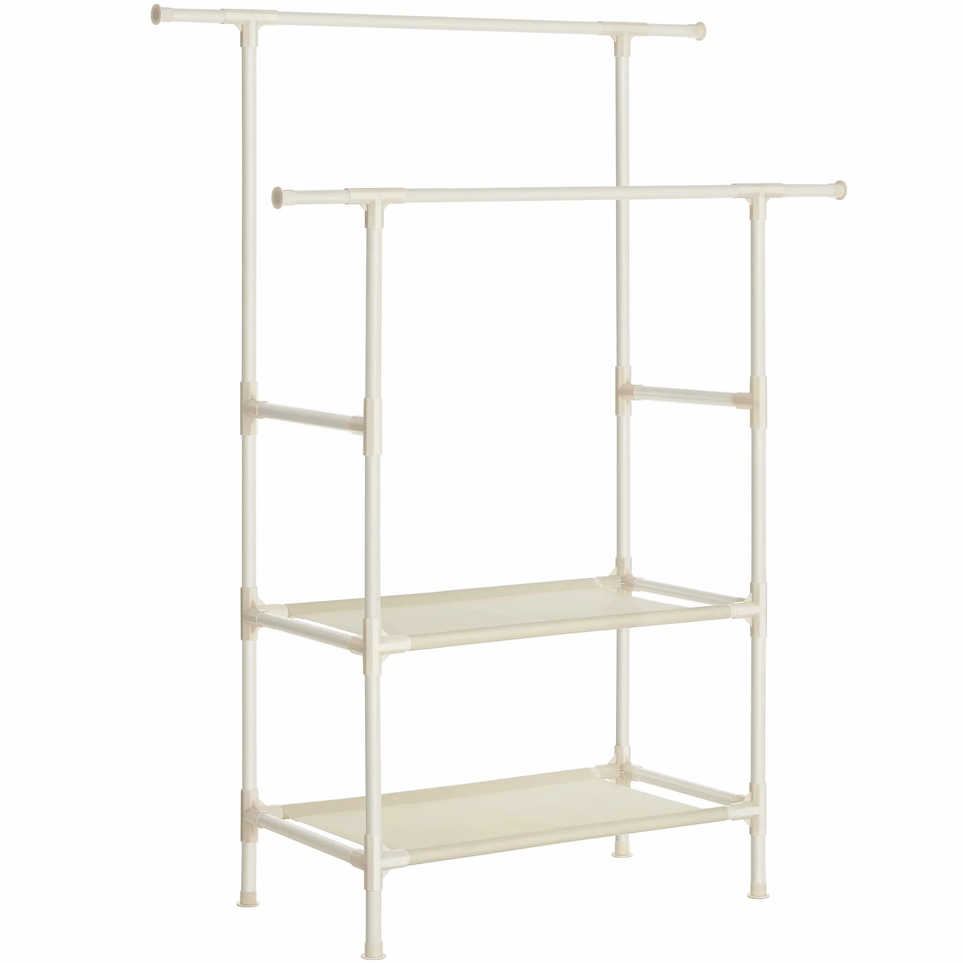 SONGMICS Burro Ropa, Perchero Burro de Metal con 2 Barras Colgantes, con 2 Estantes de Almacenamiento, Capicidad de Carga 70 kg, Montaje Fácil, Blanco RDR02WT