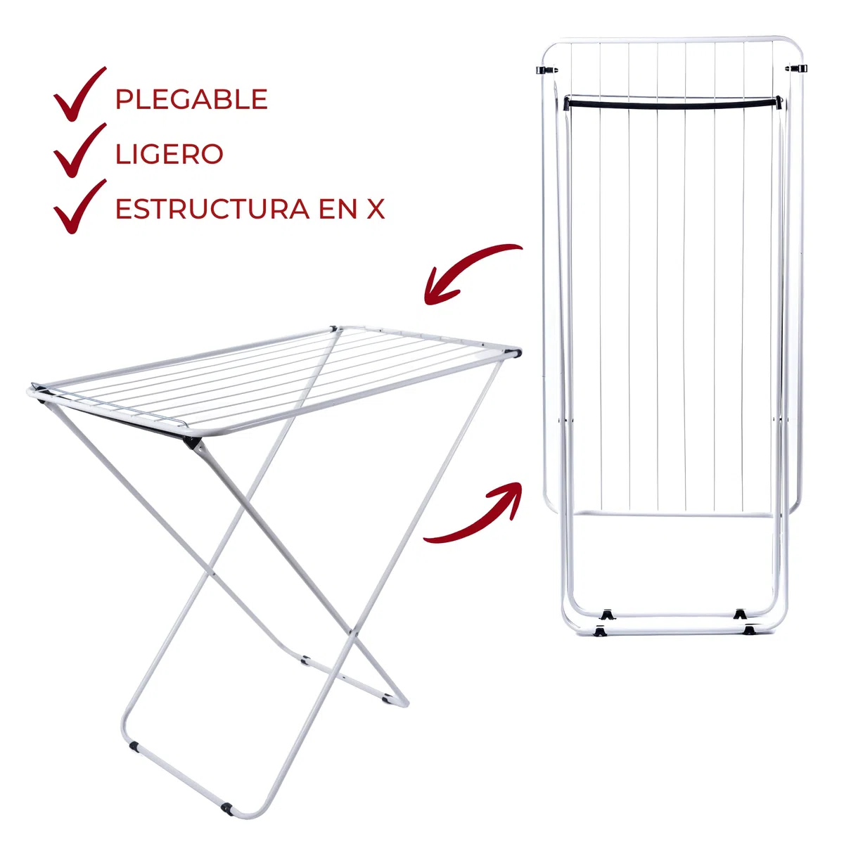 Tendedero de Ropa Plegable Sin Alas de Acero Blanco con Superficie de Secado 10m - Ligero y Compacto con Patas Antideslizantes con Fácil Plegado para Pequeños Espacios - Fabricado en Europa
