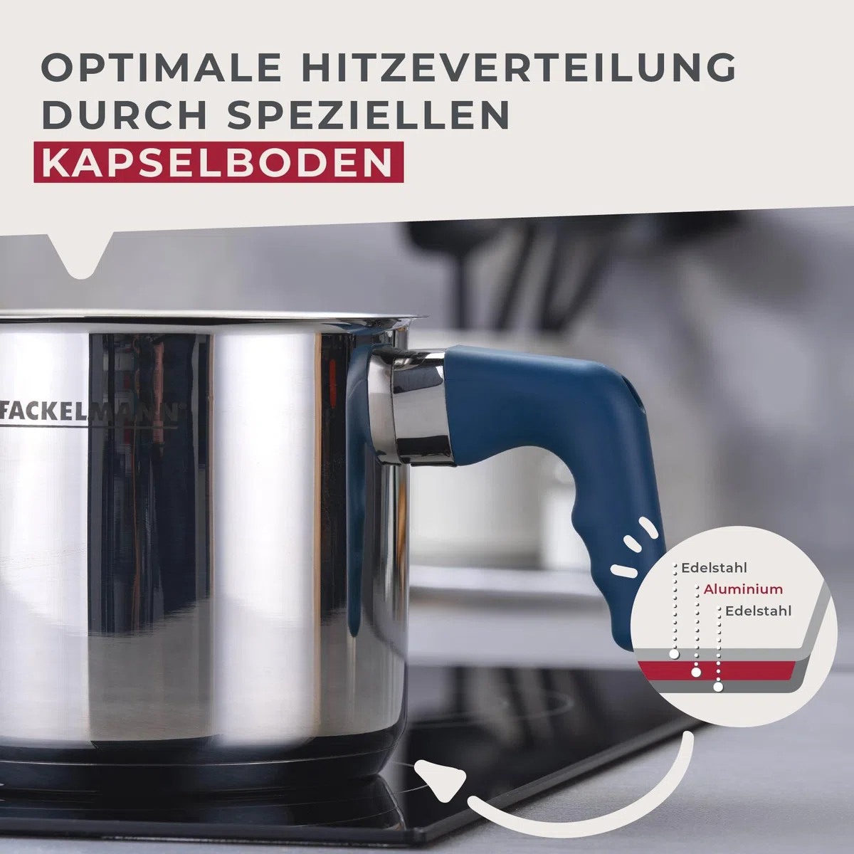 Fackelmann Olla para leche Essential Ø 14 cm de acero inoxidable con mango ergonómico de baquelita y práctica escala de litros – Ideal para todo tipo de fuegos
