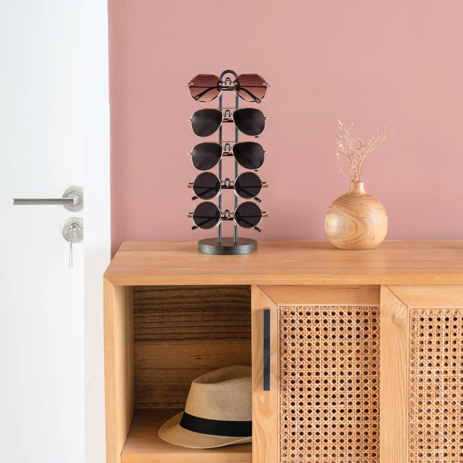 Mkono Organizador de gafas de sol, soporte para gafas de sol, soporte de almacenamiento de gafas de sol, marco de metal con base de madera para 5 pares de gafas para mesa, escritorio, encimera,